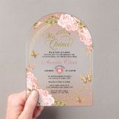 Bloemblush Roze Gouden Vlinder Quinceañera Boog Acryl Uitnodigingen (Insitu (Draagbaar))