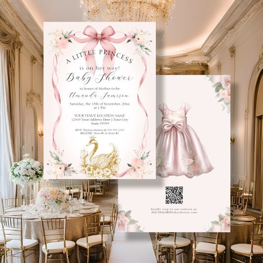 Bloemblush roze lint zwaan gouden Baby shower Kaart
