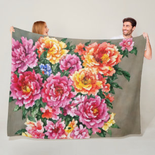 Bloemboeket Waterverf Pioenrozen op Tan Fleece Deken