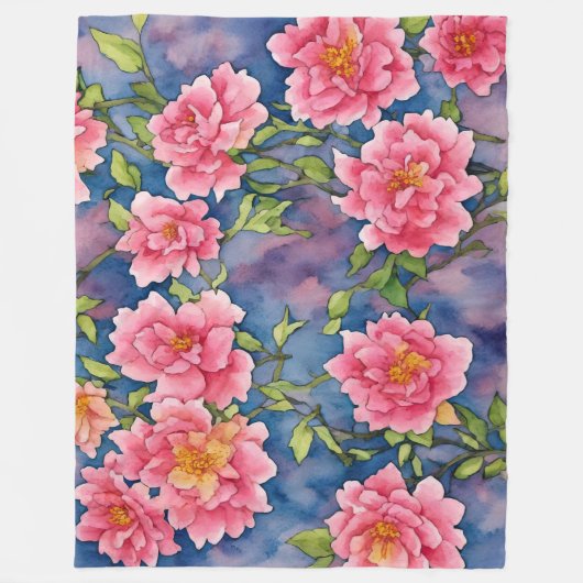 Bloemboeket Waterverf Roze Pioenen op Blauw Fleece Deken (Voorkant)
