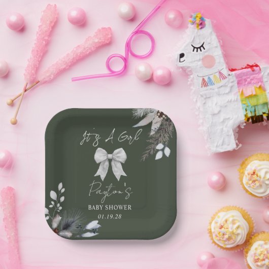 Bloemboog Winter Meisje Groen Baby shower Welkom Papieren Bordje (Feest)