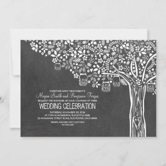 Bloemboom Mason Jar Lights Chalkboard bruiloft Kaart (Voorkant)