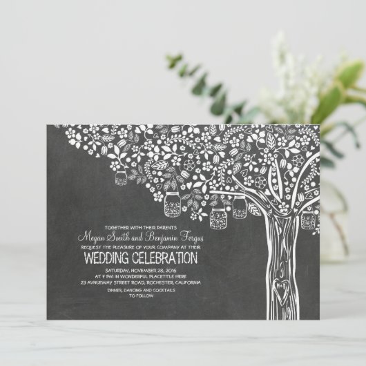 Bloemboom Mason Jar Lights Chalkboard bruiloft Kaart (Staand voorkant)