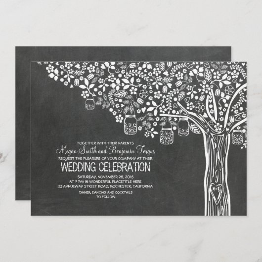 Bloemboom Mason Jar Lights Chalkboard bruiloft Kaart (Voorkant / Achterkant)