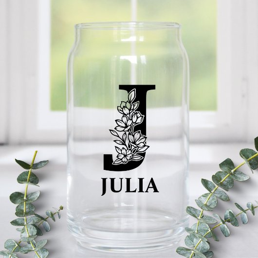 Bloembrief J Monogram en gepersonaliseerde naam Blikvorm Glas