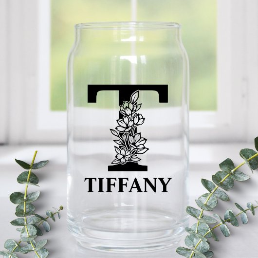 Bloembrief T Monogram en gepersonaliseerde naam Blikvorm Glas
