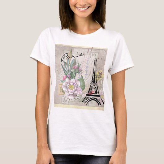 Bloemcollage en Eiffeltoren Tekening T-shirt (Voorkant)