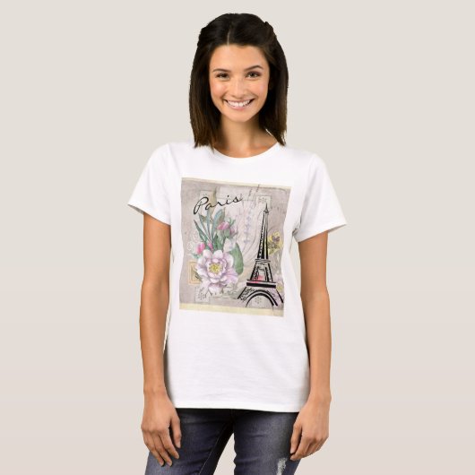 Bloemcollage en Eiffeltoren Tekening T-shirt (Voorkant volledig)