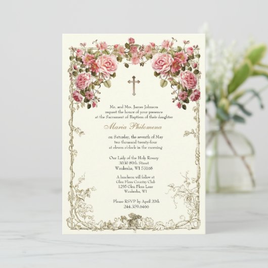 bloemdoop doopgouden kruis kaart (Staand voorkant)