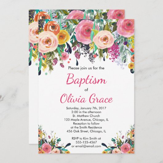 Bloemdoop uitnodiging, waterverf toewijding kaart (Voorkant / Achterkant)