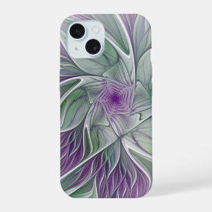 Bloemdroom, Abstracte Paarse Groene Fractale Kunst iPhone 15 Hoesje