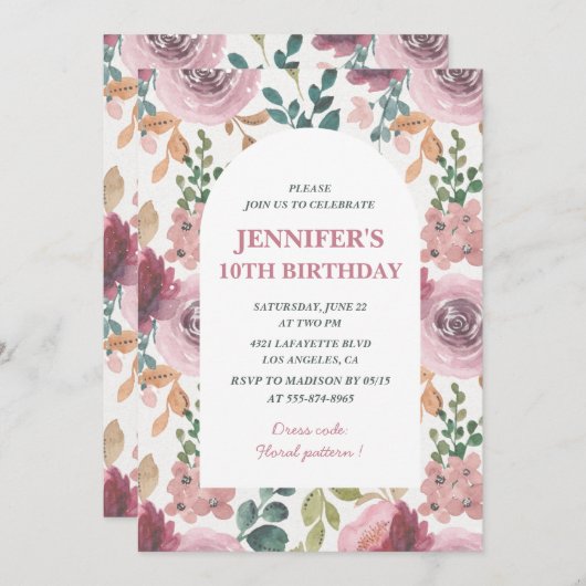 Bloemen 10e verjaardag uitnodigingen Chic Waterver (Voorkant / Achterkant)