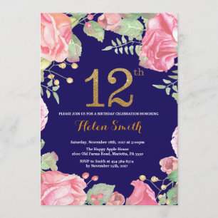 Bloemen 12e Verjaardag Gouden Glitter Marine Blauw Kaart