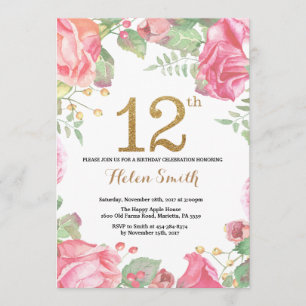 Bloemen 12e verjaardag uitnodiging Gold Glitter