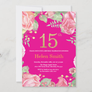 Bloemen 15e Verjaardag Gouden Glitter en Hot Pink Kaart
