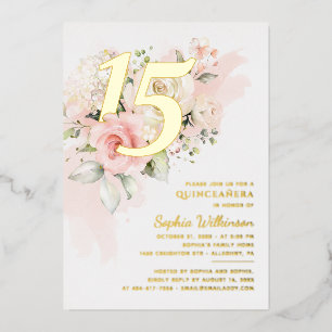 Bloemen 15e verjaardag Quinceanera Script Gold Folie Uitnodiging