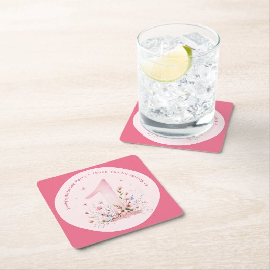 Bloemen 1e verjaardag Custom One Fairy Prinses Vierkante Kartonnen Onderzetter (Insitu)