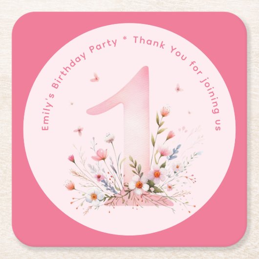 Bloemen 1e verjaardag Custom One Fairy Prinses Vierkante Kartonnen Onderzetter (Voorkant)