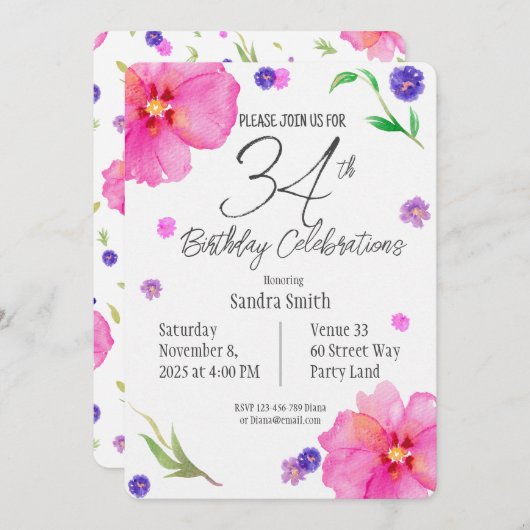 Bloemen 34e verjaardag Uitnodiging voor moeders (Voorkant / Achterkant)