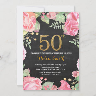 Bloemen 50e verjaardag uitnodiging Gold Glitter