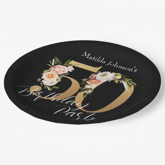 Bloemen 50e Verjaardag Zwart Goud Bohemian Papieren Bordje (Gekanteld)