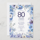 Bloemen 80e verjaardag Uitnodigen, Blauw & Paars B Kaart (Voorkant)