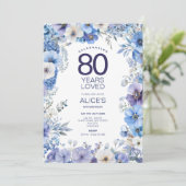 Bloemen 80e verjaardag Uitnodigen, Blauw & Paars B Kaart (Staand voorkant)