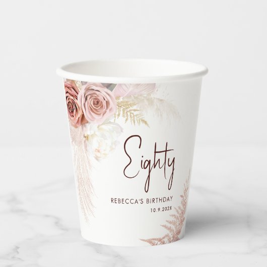 Bloemen 80e Verjaardagsfeest Pampas Grass Papieren Bekers (Voorkant)