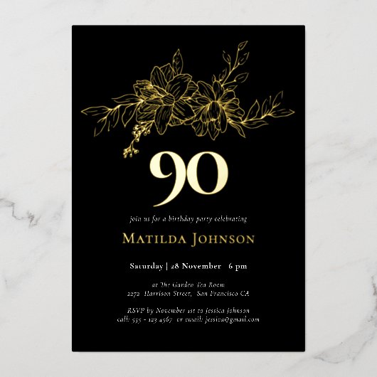 Bloemen 90ste verjaardag Gold Foil Uitnodiging (Voorkant)
