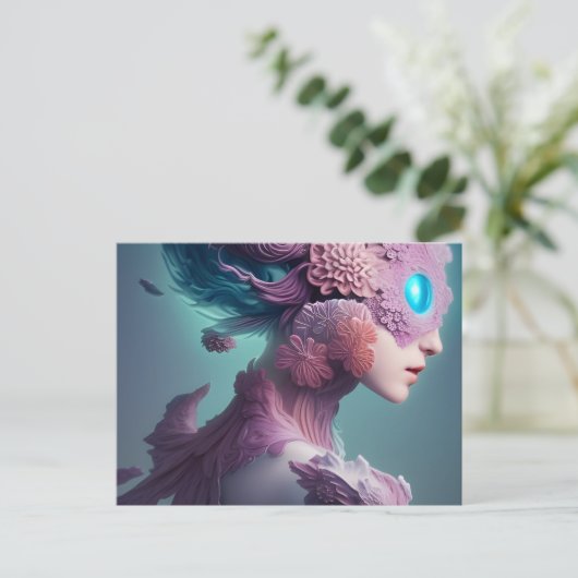 Bloemen aangedreven vrouw met gloeiend oog briefkaart (Staand voorkant)