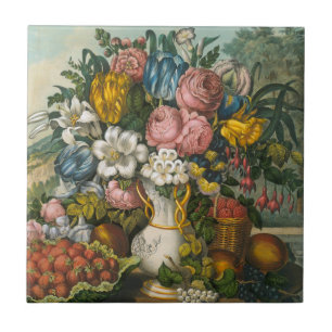 Bloemen, aardbeien en vruchten tegeltje