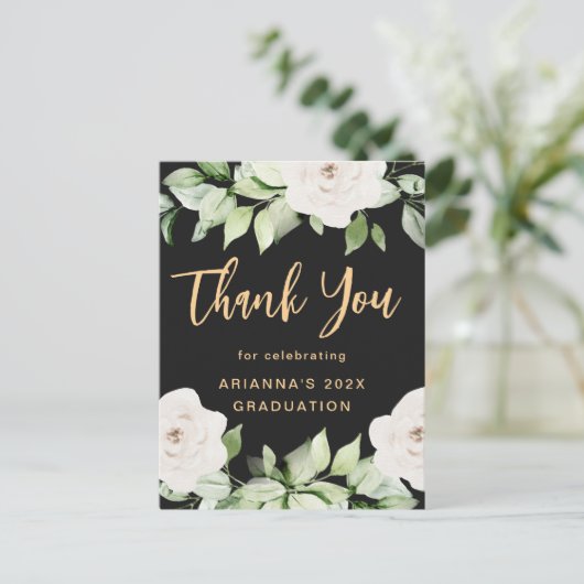Bloemen Afstudeer Bedankt Script Zwart Briefkaart (Staand voorkant)