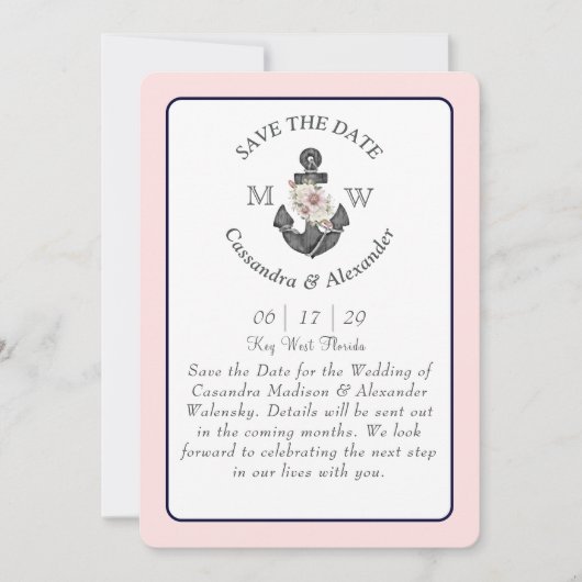 Bloemen Anker Marine Blauw Roze Nautische Bruiloft Kaart (Voorkant)