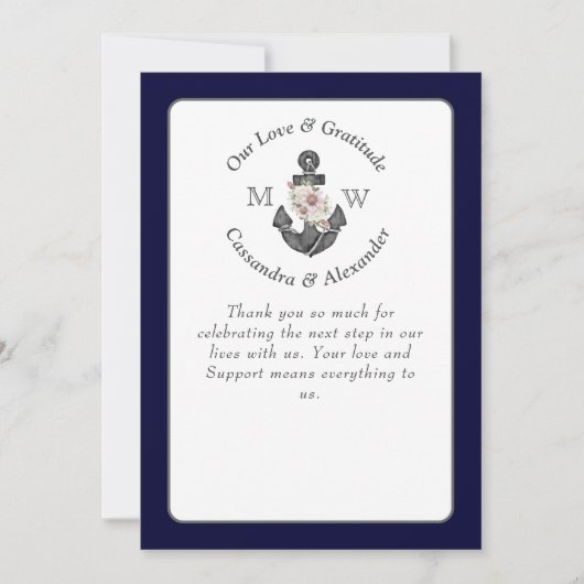 Bloemen Anker met Touw Strand Bruiloft Marine Blau Bedankkaart (Voorkant)