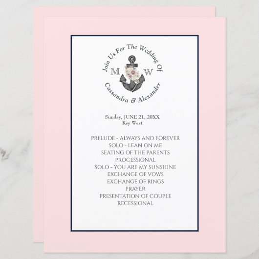 Bloemen Anker Nautische Bruiloft Roze Marine Blauw (Voorkant / Achterkant)