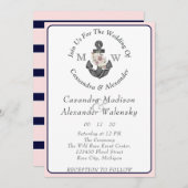 Bloemen Anker Nautische Bruiloft Roze Marine Blauw Kaart (Voorkant / Achterkant)