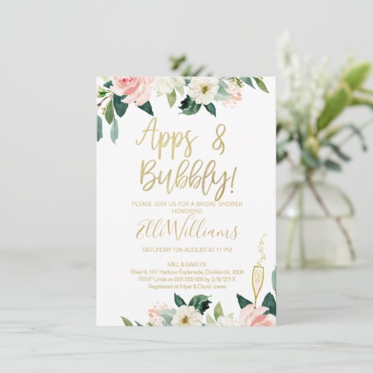 Bloemen Apps en Bubbly Bruids Douche Uitnodiging (Staand voorkant)