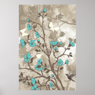  bloemen aqua taupe floral grunge douane poster