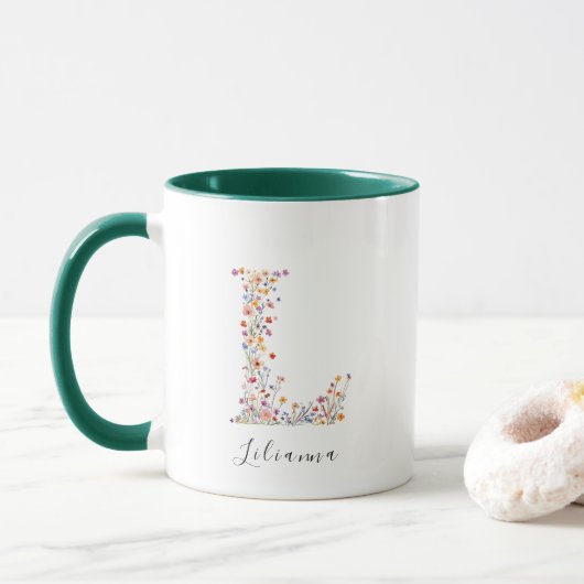 Bloemen Aquarel Letter L Monogram & Aangepaste naa Mok (Met donut)