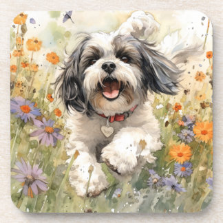Bloemen Aquarel Shih Tzu loopt door bloem Bier Onderzetter