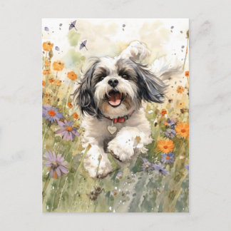 Bloemen Aquarel Shih Tzu loopt door bloem Briefkaart