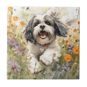 Bloemen Aquarel Shih Tzu loopt door bloem Tegeltje