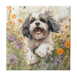 Bloemen Aquarel Shih Tzu loopt door bloem Tegeltje