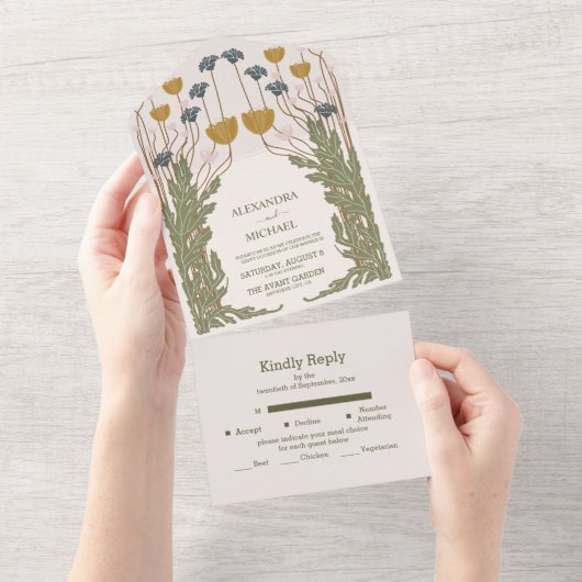 Bloemen Art Nouveau Bruiloft All In One Uitnodiging (Afscheurbaar)