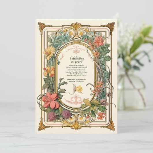 Bloemen Art Nouveau Bruiloft Jubileum Kaart (Staand voorkant)