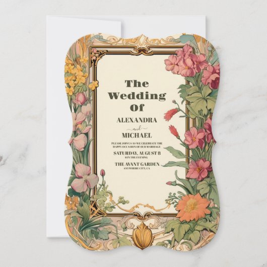 Bloemen Art Nouveau Bruiloft Kaart (Voorkant)