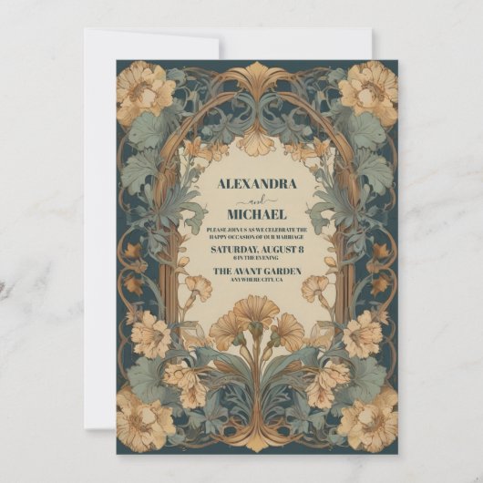 Bloemen Art Nouveau Bruiloft Kaart (Voorkant)