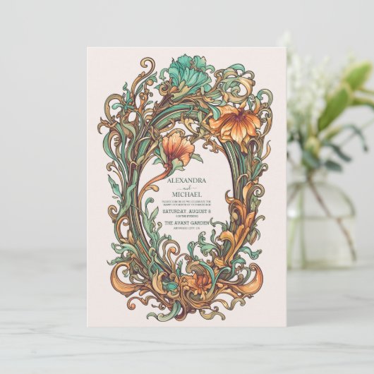 Bloemen  Art Nouveau bruiloft Kaart (Staand voorkant)
