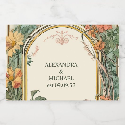 Bloemen Art Nouveau Bruiloft Likeurfles Etiket (Enkel label)