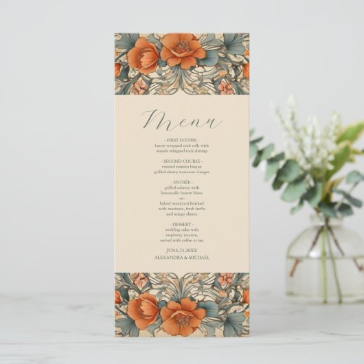 Bloemen Art Nouveau Bruiloft Menu (Staand voorkant)